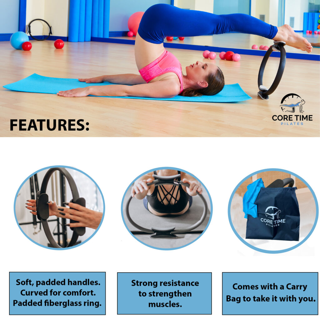 Pilates ring for muscle strength and toning. Soft padded cover, padded handles, carry bag, resistance band.