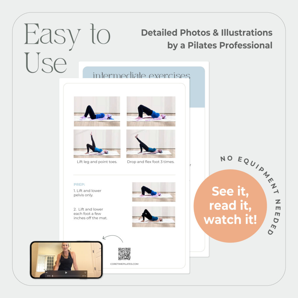 easy to use Pilates cards for at home workout. QR code to video, detailed photos