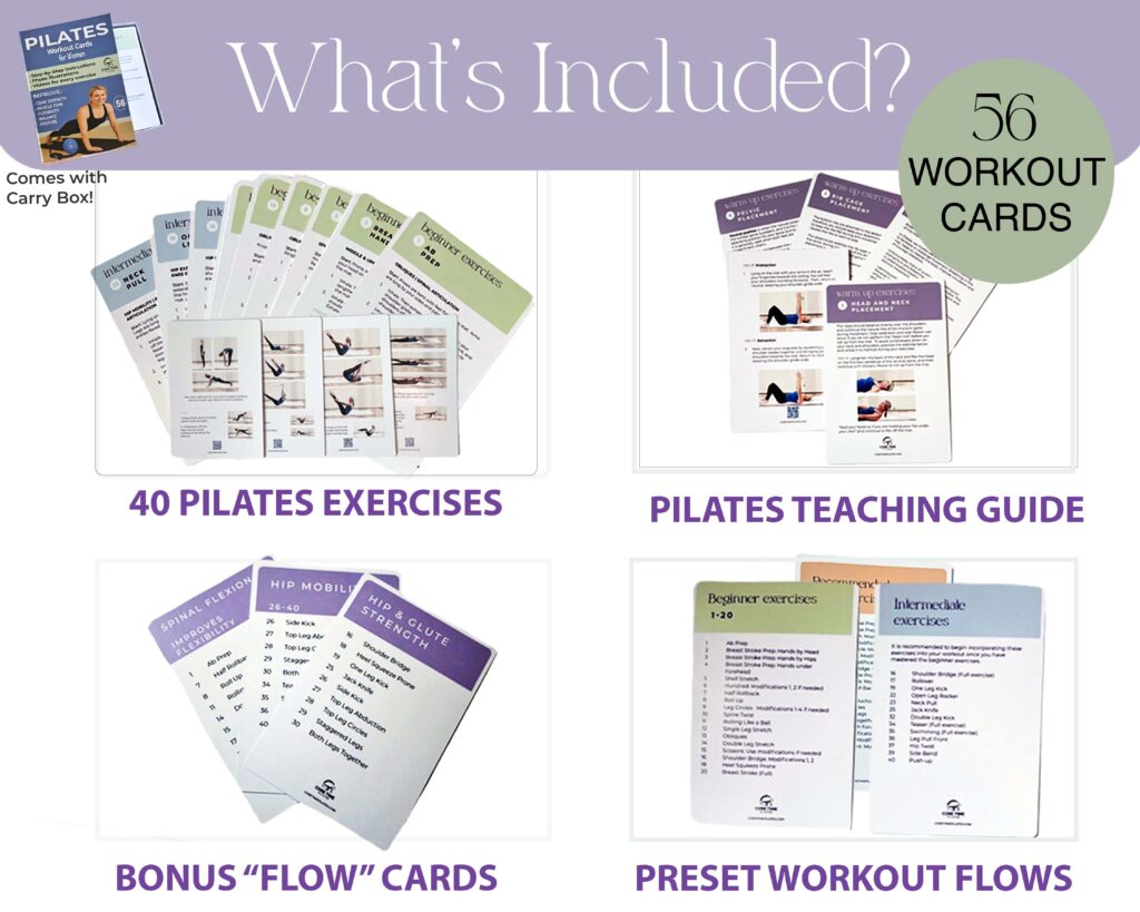 56 Pilates Cards for home workout by Stott Pilates Certified Instructor. Pilates workout at home.